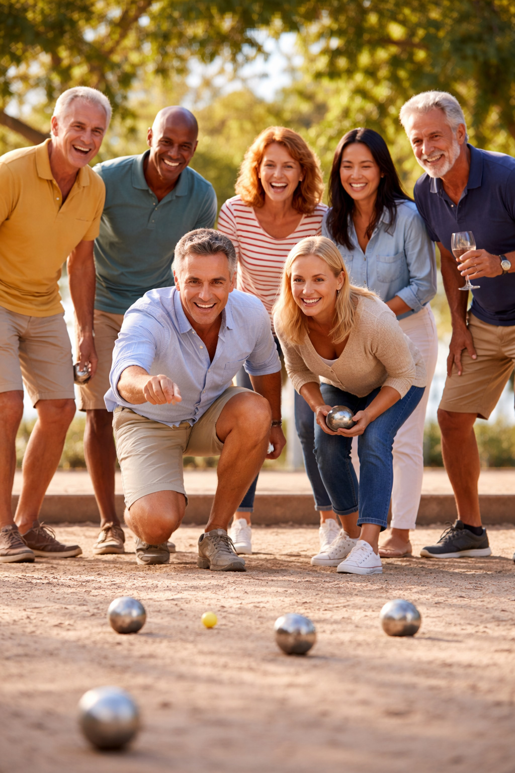 Evening p&eacute;tanque in the grounds of Le Manoir du Bois Mignon